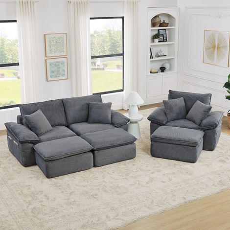 Canapé Nuage Modulable 3 Places (156x206x65cm + 156x125x65cm), Canapé de Sol sans Armature avec Pouf, Lit d'Appoint sans Montage pour Salon - Gris (1/5)