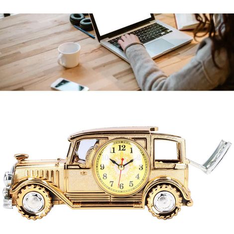 Réveil rétro en forme de voiture classique pour enfants et étudiants, porte-stylo multifonctionnel (logo de voiture aléatoire, grande voiture classique, doré) (1/5)