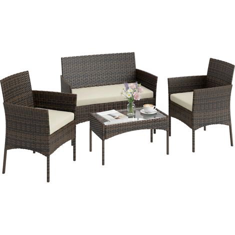 Polyrattan Gartenmöbel Set 4 Personen Lounge Sofa und Couchtisch gehärtetes Glas Kissen Beige