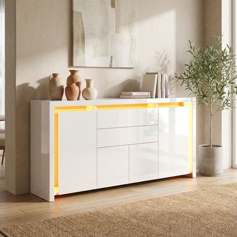Buffet cuisine 160 cm avec LED, 4 portes, 2 tiroirs, laqué haute brillancem grand meuble rangement,  commode pour salon, cuisine, salle à manger - Blanc