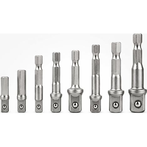 8PCS Adaptateurs de Douille Impact, Porte Embout Visseuse Hexagonal 1/4 Vers 1/4 3/8 1/2 Embout Visseuse A Choc Adaptateur Douille Pour Perceuse Visseuse Embout Visseuse Long (1/5)