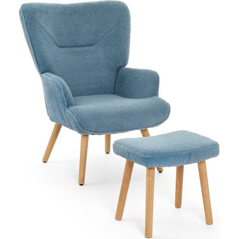 Goeurvant Sillón de salón y reposapiés Sillón relax Tela teddy Azul paloma