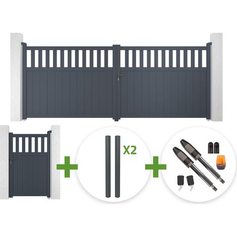 Portail battant 4m SANTIS H.160cm aluminium gris + 4 poteaux ELDA + Portillon 1m SANTIS H.160cm aluminium gris + motorisation Tanker B700 (1/5)