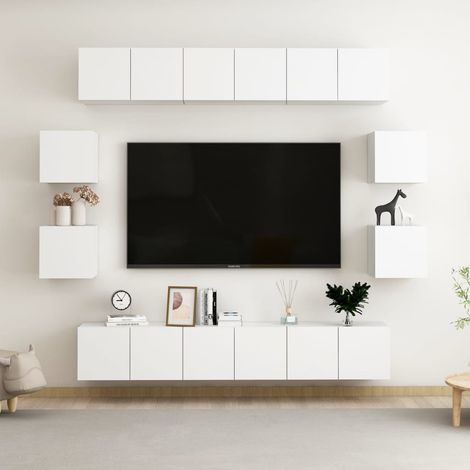 Ensemble de meubles TV 10 pcs Bancs TV Armoires de rangement Blanc Aggloméré 23625 (1/5)