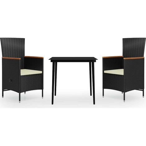 Ensemble repas de jardin table et 2 chaises en résine tressée avec coussins noir 3 pièces, 34.6kg (1/5)
