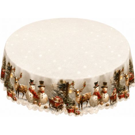 Nappe de Noël ronde en polyester, motif sapin, Père Noël et bonhomme de neige, 180 x 180 cm - Style 7 (1/2)