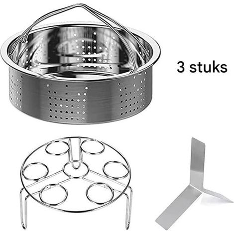 Elkuaie Accessoires pour autocuiseur - Panier vapeur - Ensemble vapeur en acier inoxydable - 3 pièces - Pour autocuiseur et chaudière vapeur - Argent (1/5)