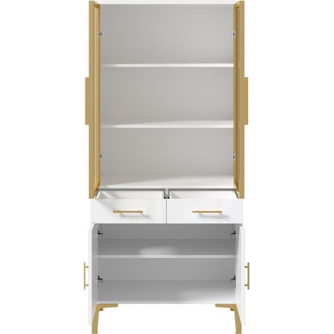 Vitrina alta blanca con puertas de cristal, LED por APP, efecto mármol brillante, 2 cajones (1/5)