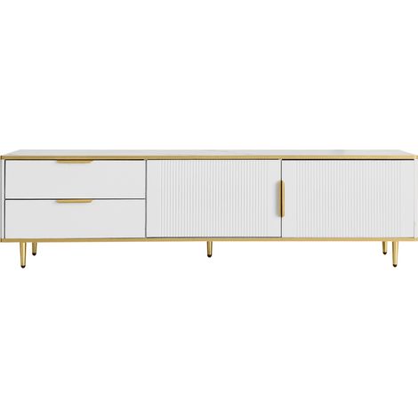 Meuble TV bas en MDF blanc et doré avec texture sculptée et poignées dorées, 170 x 37 x 45 cm (1/5)