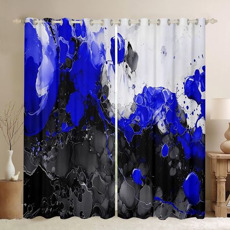 Rideau Occultant 140x260 cm Art Abstrait,Rideau Bleu,Rideaux Voilage Art Fluide d'encre de Texture de Marbre Ombre,Voilage Fenetre Marbrage Noir Gradient pour Chambre Salon - 140L X 260H cm (2 Panneau (1/5)