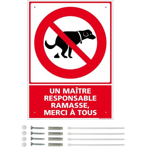 Panneau de signalisation prépercé PVC ou ALU rectangulaire + kit de fixation - Un maître responsable ramasse, merci à tous - PVC 1 mm - 210 x 300 mm