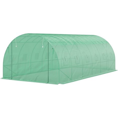 Serre tunnel en plastique avec structure acier, tente de culture avec portes à enroulement, verte (1/5)