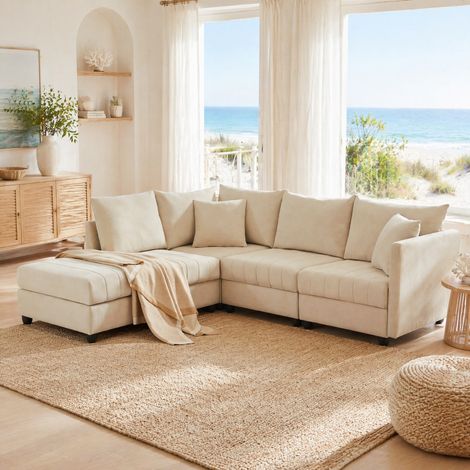 Divano angolare modulare 5 posti convertibile con pouf, beige DESVIAE (1/5)