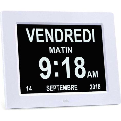 8" LCD Horloge Numérique Calendrier avec Date, Jour et Heure Horloge Alzheimer pour Les Seniors,C'est pour Les Parents (Blanc) (1/4)