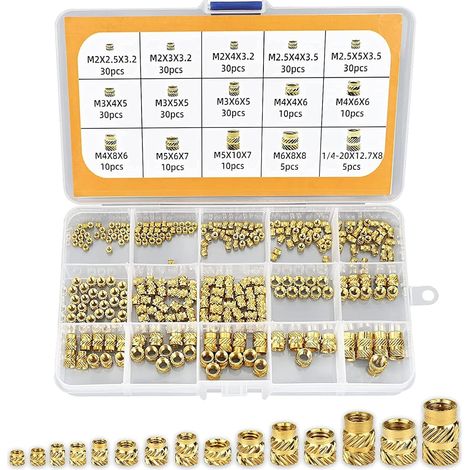Insert Fileté, 300 Pièces Inserts D'écrou M2, M2,5, M3, M4, M5, M6 Insert Fileté Filetage Femelle Écrous Moletés en Laiton Douilles Filetées Insert Moleté Laiton pour Plastique Bois Impression 3D (1/5)