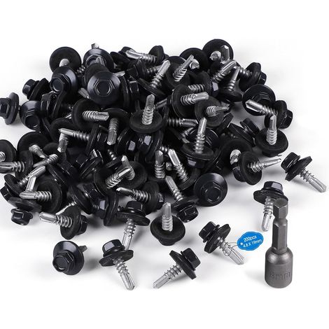 Lot de 200 Vis auto-perceuses en tôle M4,8x19 mm Tête hexagonale autoperceuse RAL 7016 Gris Vis autoperceuses peintes avec rondelles EPDM et clé à douille M8 Vis tole toiture pour plus fixatio (1/5)