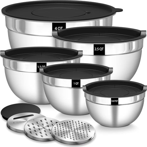 Rührschüssel 5er Set, Edelstahl Schüssel Salatschüssel Set mit Luftdichtem Deckel, 3 Reibenaufsätzen, 4.5L,2.7L, 1.6L, 1.1L, 0.7L, Stapelbar & Spülmaschinenfest
