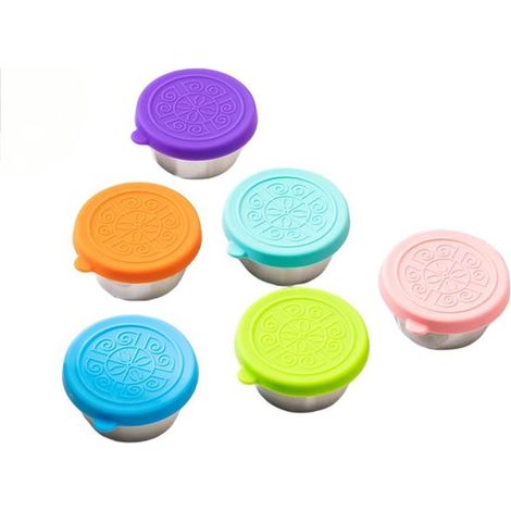 Set di 6 contenitori per condimento per insalata - vasetti da 45 ml in acciaio inox per spezie - contenitori per alimenti - mini contenitori per salse - con coperchi in silicone - a prova di perdite - (1/5)