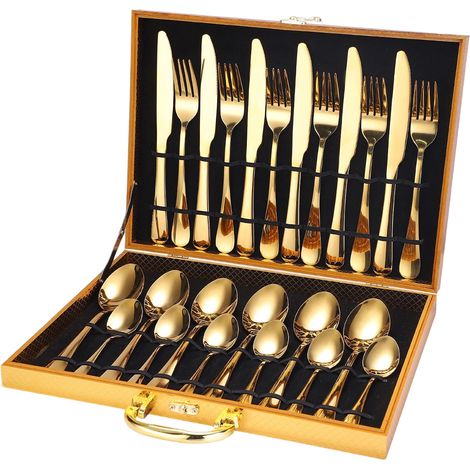 Ensemble de couverts en acier inoxydable 1010 (couteau, fourchette et cuillère) - Coffret en bois - 12 pièces - 16 pièces - 24 pièces - 36 pièces (1/5)