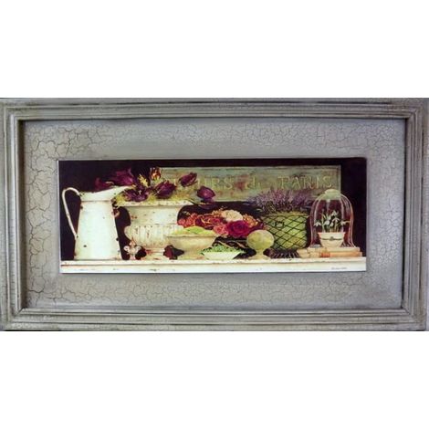 Cuadro antiguo de flores con jarras, 30 x 56 cm.