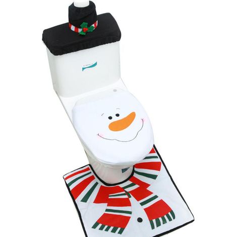 Funda Para Asiento De Inodoro Y Alfombra - Diseño De Muñeco De Nieve Y Papá Noel - Decoración Navideña Para Baño - Juego De 3 Piezas (1/5)