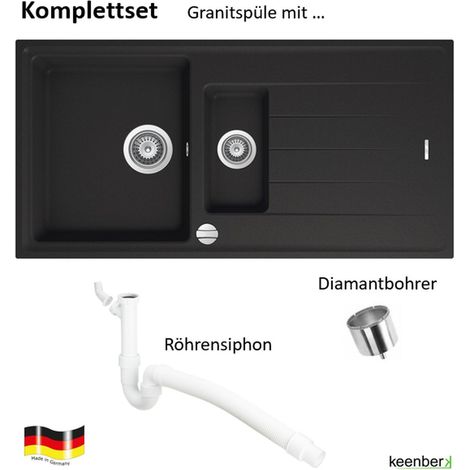 Komplettset schwarze Granitspüle Victory 100x50 cm mit Diamantbohrer und Universal-Röhrensiphon - ab 60er Unterschrank