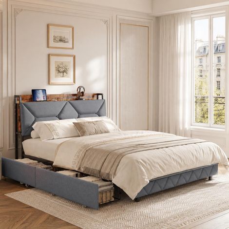 Lit double 140x200 avec 4 tiroirs de rangement et prise usb, La tête de lit possède des étagères dissimulées de chaque côté, Sommier lattes, Gris (1/5)