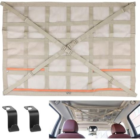 Filet de rangement universel pour toit de voiture, 90 x 65 cm, organisateur de coffre avec fermeture éclair, pour quatre accoudoirs de toit, SUV, Jeep, fourgonnette, beige (1/4)