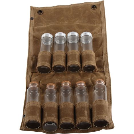 Sac de rangement épices de voyage avec 9 contenants, toile résistante pour camping et pique-nique, couleur kaki. (1/5)