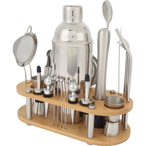Set Shaker à Cocktail en Acier Inoxydable Multifonction Kit Barman avec Support Bambou pour Bar Maison Mélange de Boissons (1/5)