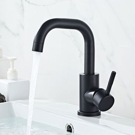 Mitigeur de lavabo noir avec aérateur amovible, pivotant à 360°, mitigeur de salle de bain en laiton, hauteur 201 mm, eau chaude et froide pour lavabos et vasques de salle de bain (1/3)