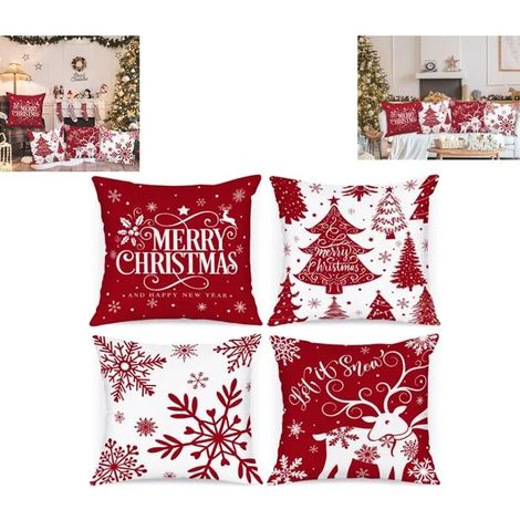 HOUSSE DE COUSSIN Noël 45x45,Blanc et Rouge Housse de Coussin Noel , Taie d'oreiller Hiver Flocon de Neige Parure de Oreiller 4Pcs (1/5)