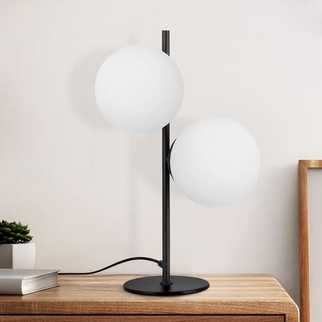 Lampe de Table Moderne pour Salon  -GBLY Lampe de Chevet Industrielle Noire à 2 Flames avec Interrupteur, Design en Métal et Verre Blanc, Lampe de Chevet en Laiton Vintage E27 Idéale