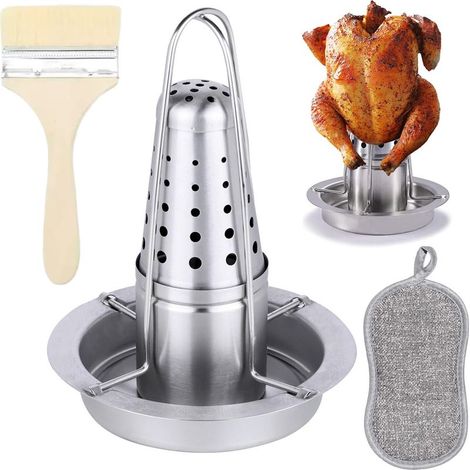 Hähnchenbräter aus Edelstahl, Bierdosen-Hähnchenhalter, Vertikalgrill, herausnehmbarer Geflügelrost aus Gusseisen, herausnehmbarer Aromabehälter, Fettauffangschale (1/5)
