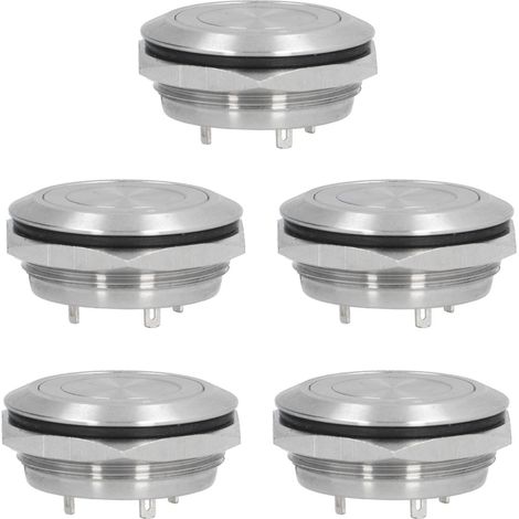 Lot de 5 interrupteurs à bouton-poussoir momentanés en métal, à réarmement automatique, ultra-fins et étanches, avec LED, 25 mm, alimentation CC 12-24 V, bleu (1/5)