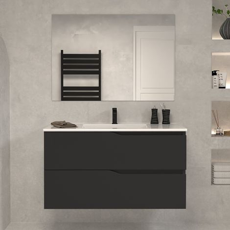 Meuble sous vasque seul, 2 tiroirs, 90cm, pour simple vasque - noir - LUNA