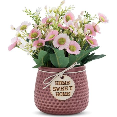 Keramikvase in Form einer Gänseblümchenblüte mit kleinen künstlichen Rosen, ideal für Hochzeiten, Büros, Tische, Fenster, Wohnzimmer, Schlafzimmer oder Partys. (1/5)