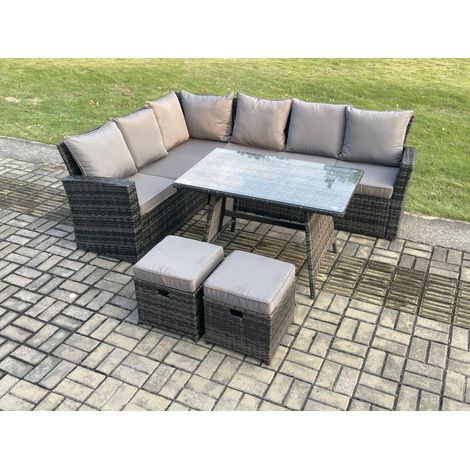 Fimous Outdoor Furniture Garden Dining Set Rattan Corner Sofa Set with 2 Small Footstools Dark Grey Mixed (1/5)