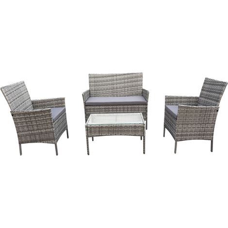 Svita – Ensemble de salon de jardin 4 pièces – Canapé en polyrotin gris – Table avec plateau en verre – Fauteuils avec coussins déperlant