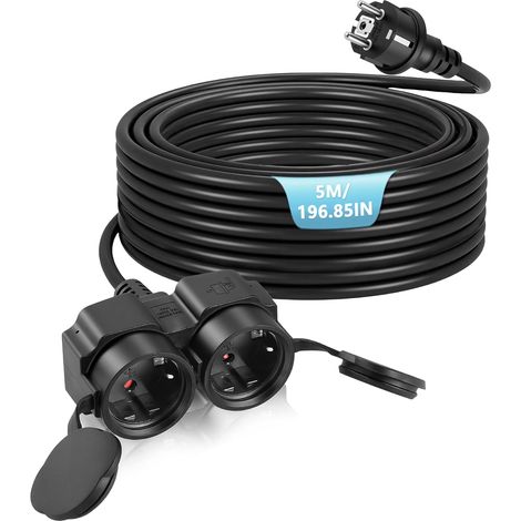 Rallonge électrique avec Deux Prises et couvercles Anti-poussière, Prise extérieure étanche, rallonge avec Prise intérieure/extérieure, Puissance maximale 3500W, 16A 250V, IP44,5m (1/5)