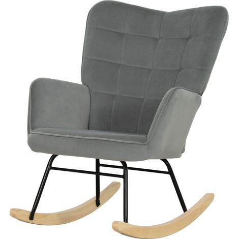 Fauteuil à bascule vintage, patins incurvés, rembourrage épais, bois de hêtre et acier, gris foncé (1/5)