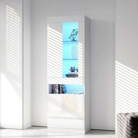 Meuble à chaussures 50x40x180, LED 16 couleurs Armoire à chaussures, portes, compartiments verre, panneaux de particules blanc (1/5)