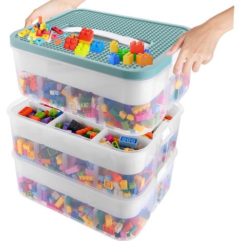 Storage Box, Stackable Storage Box, Green, 3 Levels Plastic Storage Box, Plastic Storage Box with Lid for Building Blocks (1/5)