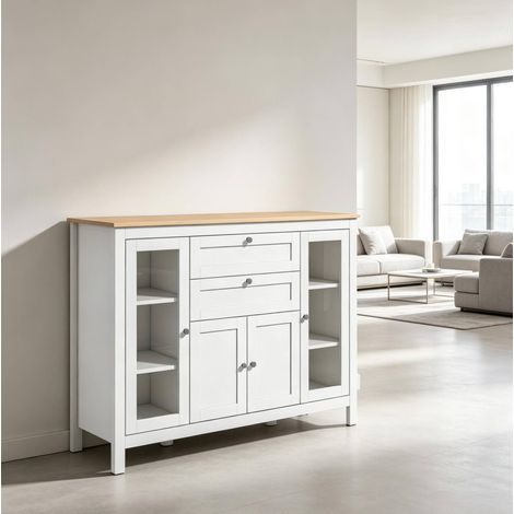 Mueble TV 120 cm, aparador con puertas de cristal y cajones, blanco y madera DESVIAE (1/5)