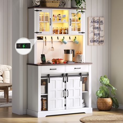 Buffet de cuisine 108x40x180 cm blanc en MDF avec LED, prises intégrées et 6 tiroirs (1/5)