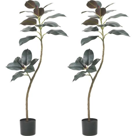 Lot de 2 hévéas artificiels en plastique tropical en pot - Grand arbre à caoutchouc simulé avec feuilles lisses et pot - Pour salon, chambre, bureau, jardin - 120 cm (1/5)