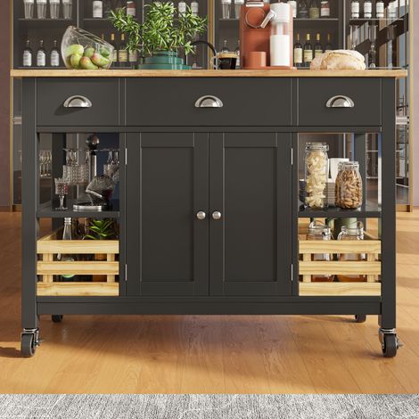 Îlot de cuisine 120×45×90cm avec armoires et panier en pin noir,mobilier multifonction en bois pour rangement et repas.