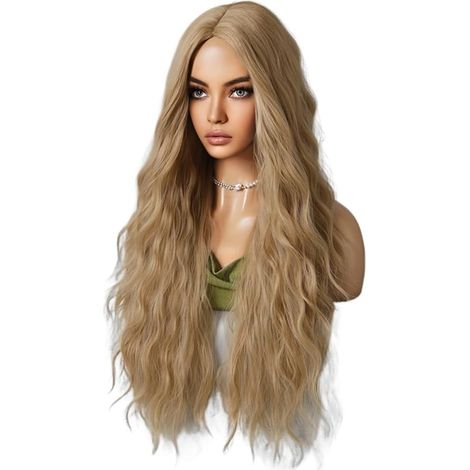 Perruque longue bouclée pour femme - Cheveux ondulés - En fibre synthétique - Doré sable - 72 cm (1/5)