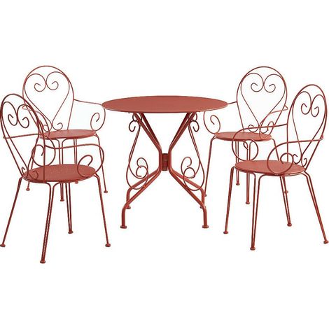 Sala da pranzo da giardino in metallo effetto ferro battuto GUERMANTES: un tavolo e 4 poltrone colore terracotta