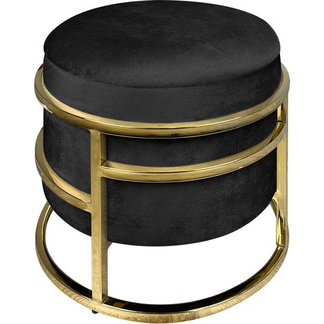 Pouf Contenitore Poggiapiedi Velluto Con Struttura Circolare Cromata Oro Elegante Imbottito Sgabello Per Toeletta Mobile Trucco Ottomano Ingresso Camera Da Letto Soggiorno Salotto Rotondo Nero (1/5)
